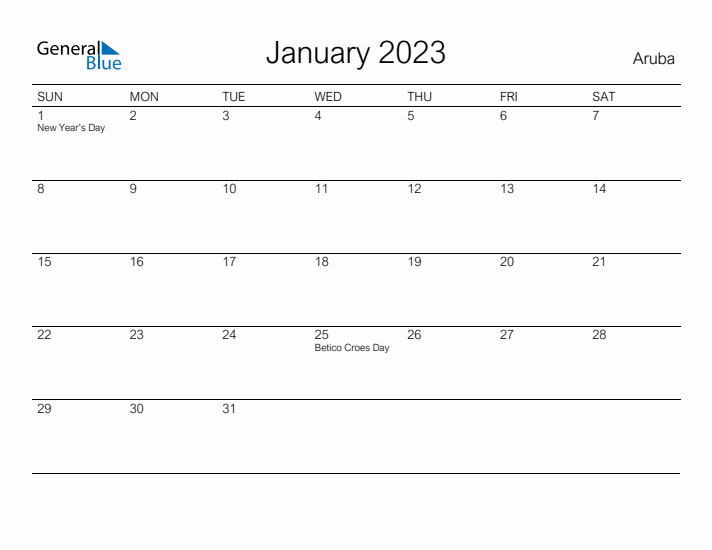 Printable January 2023 Calendar for Aruba