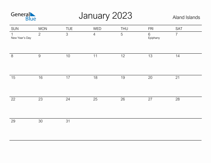 Printable January 2023 Calendar for Aland Islands
