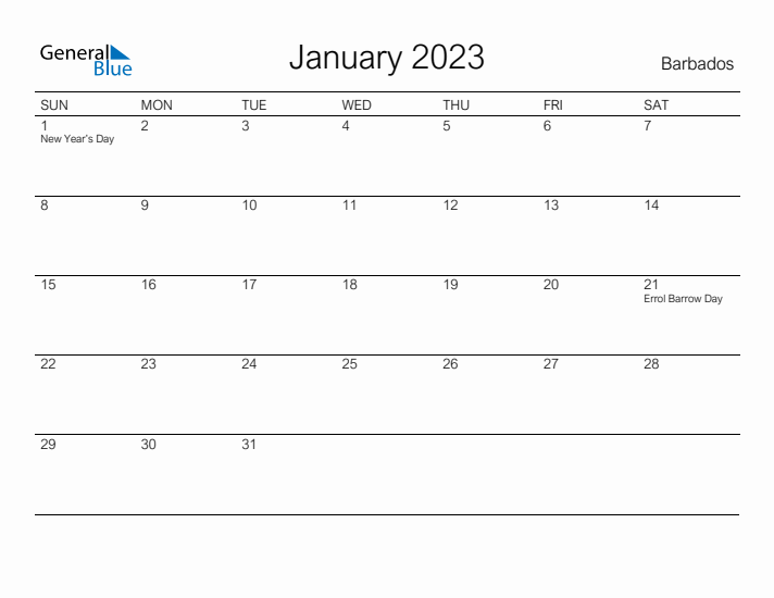 Printable January 2023 Calendar for Barbados