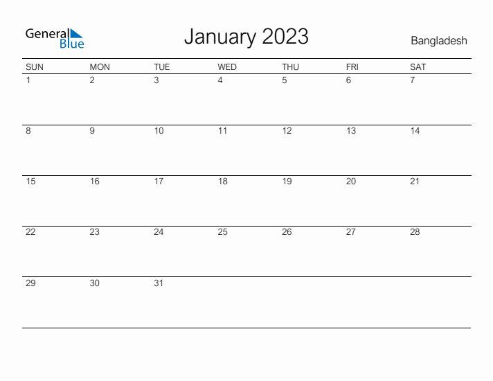 Printable January 2023 Calendar for Bangladesh