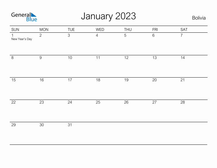 Printable January 2023 Calendar for Bolivia