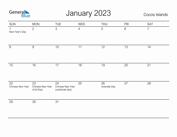 Printable January 2023 Calendar for Cocos Islands