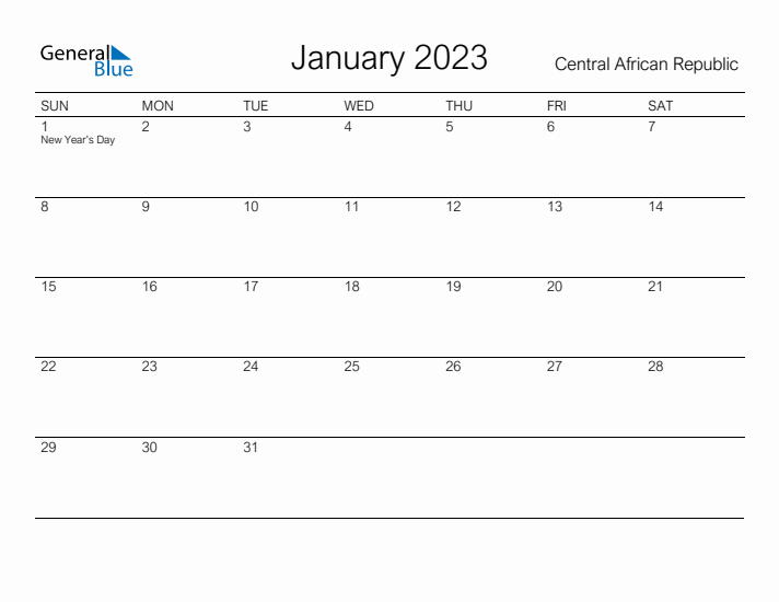 Printable January 2023 Calendar for Central African Republic