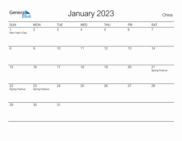 Printable January 2023 Calendar for China