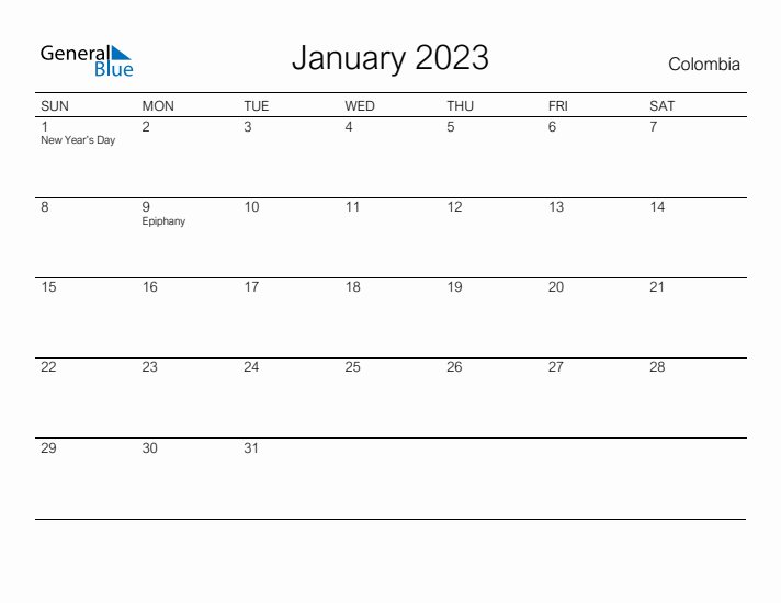 Printable January 2023 Calendar for Colombia