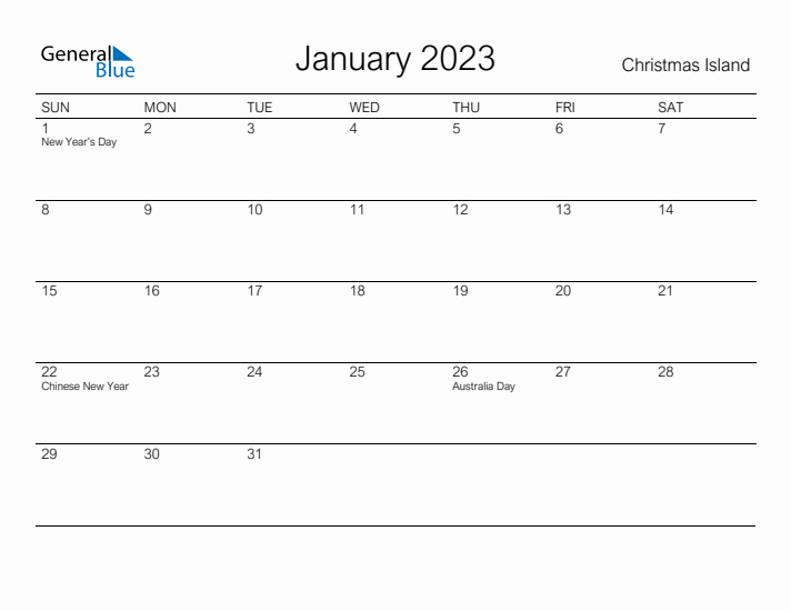 Printable January 2023 Calendar for Christmas Island