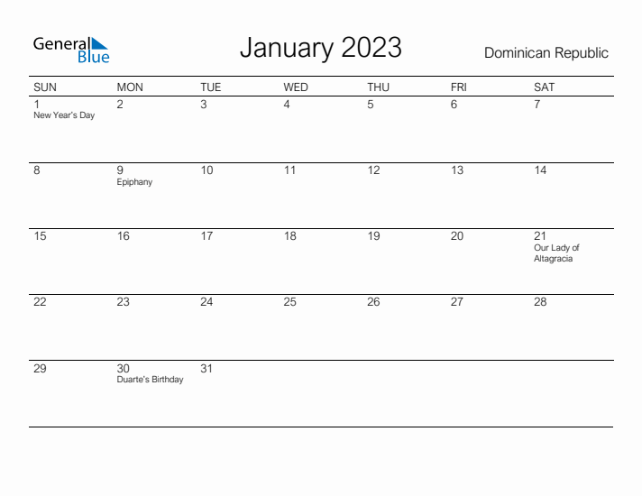 Printable January 2023 Calendar for Dominican Republic
