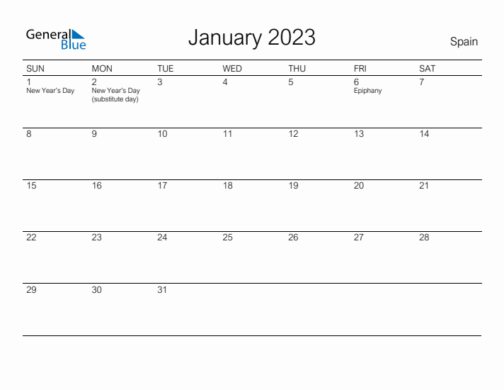 Printable January 2023 Calendar for Spain