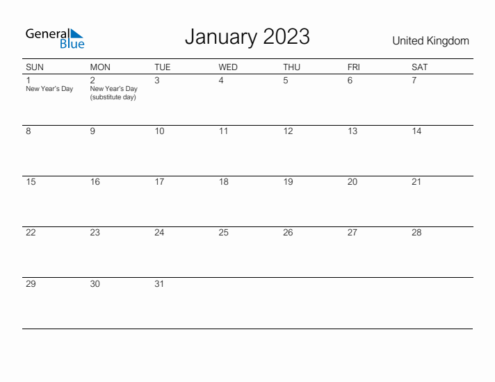 Printable January 2023 Calendar for United Kingdom