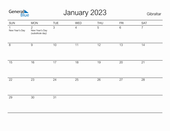 Printable January 2023 Calendar for Gibraltar