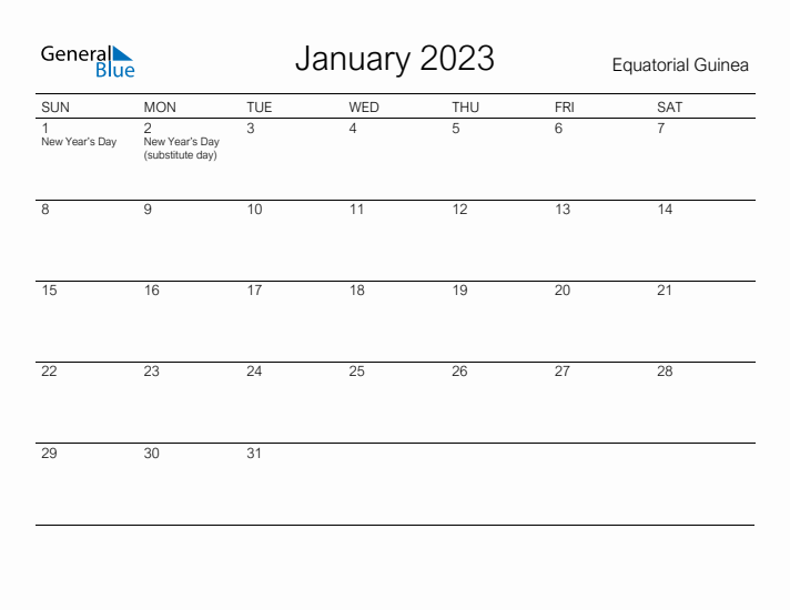 Printable January 2023 Calendar for Equatorial Guinea