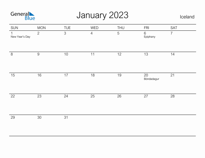 Printable January 2023 Calendar for Iceland