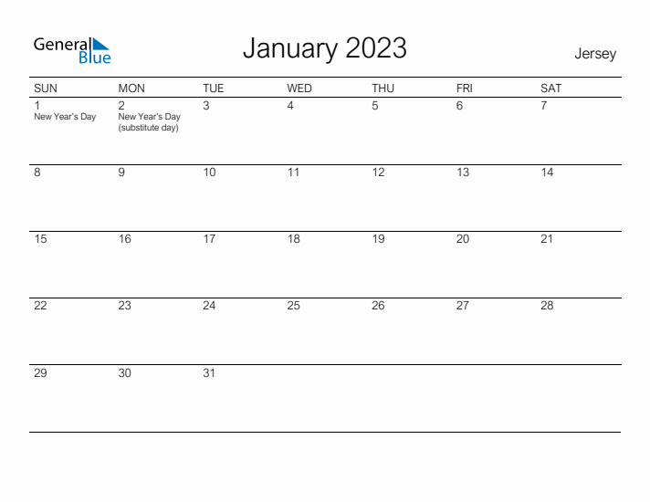 Printable January 2023 Calendar for Jersey