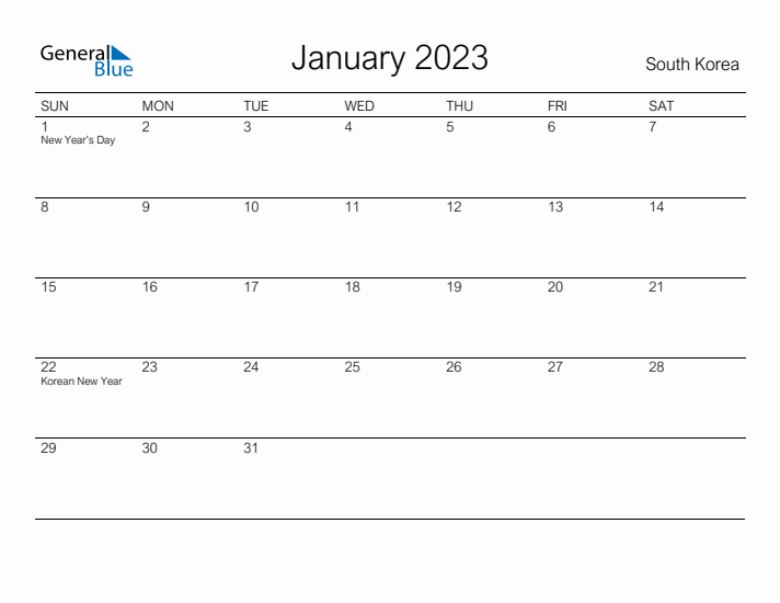 Printable January 2023 Calendar for South Korea