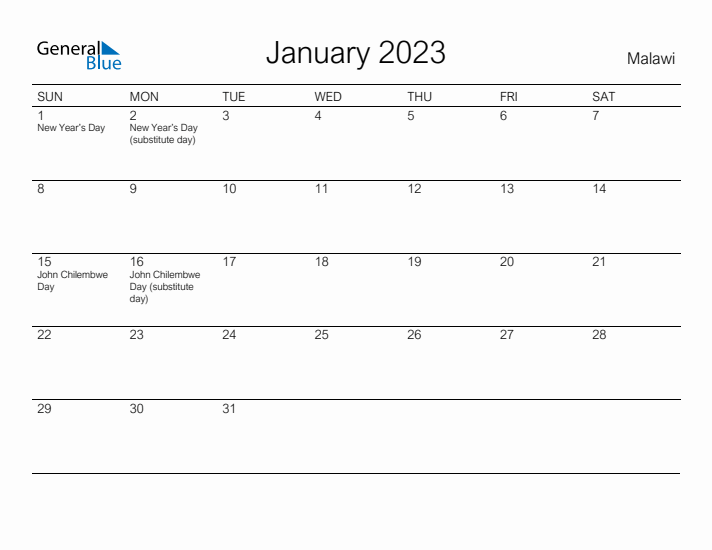 Printable January 2023 Calendar for Malawi
