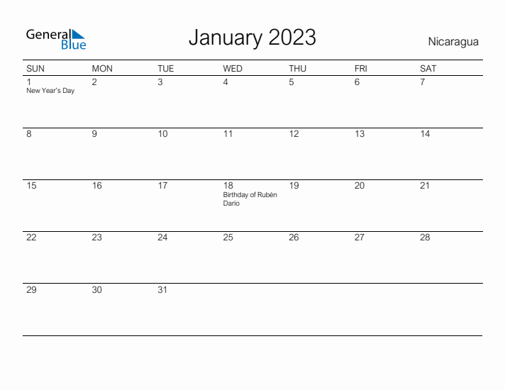 Printable January 2023 Calendar for Nicaragua