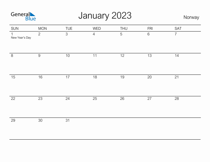 Printable January 2023 Calendar for Norway