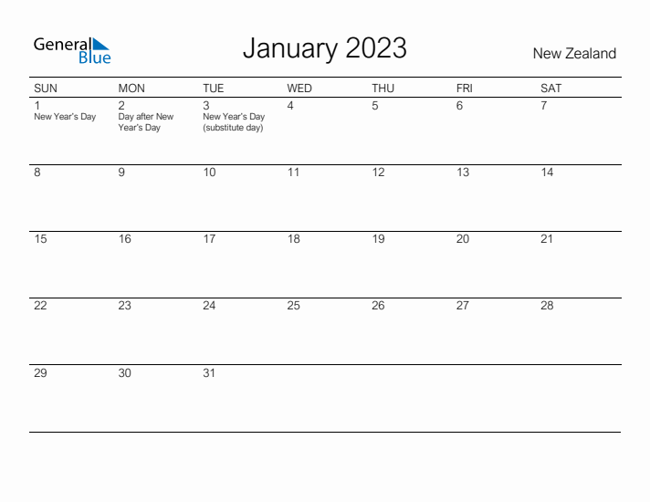 Printable January 2023 Calendar for New Zealand