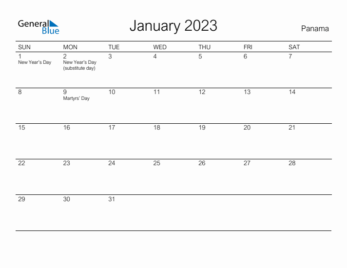 Printable January 2023 Calendar for Panama