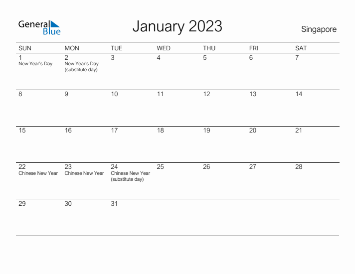 Printable January 2023 Calendar for Singapore