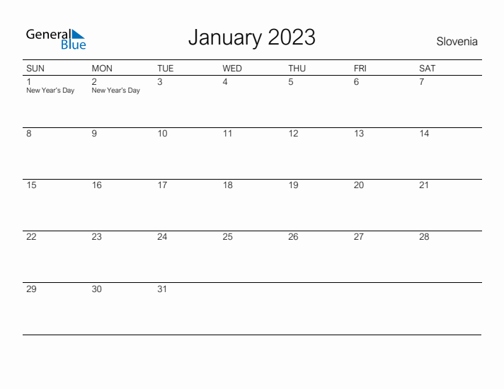 Printable January 2023 Calendar for Slovenia