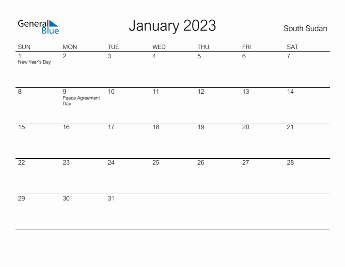 Printable January 2023 Calendar for South Sudan
