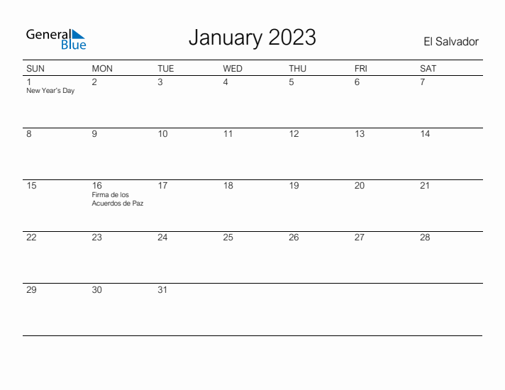 Printable January 2023 Calendar for El Salvador