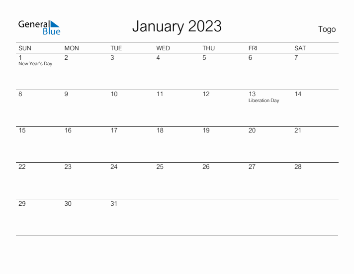Printable January 2023 Calendar for Togo