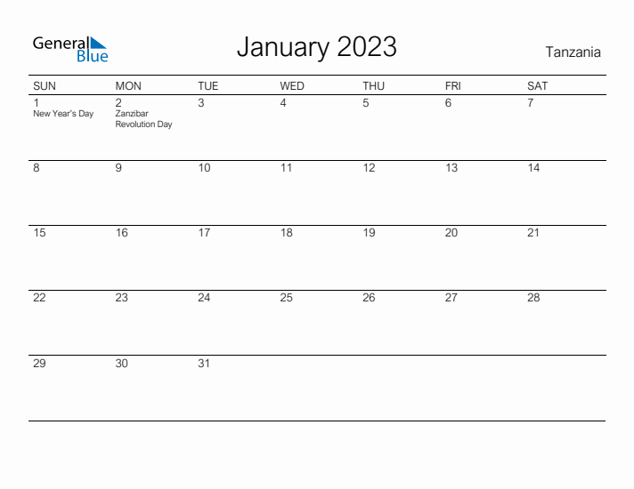 Printable January 2023 Calendar for Tanzania
