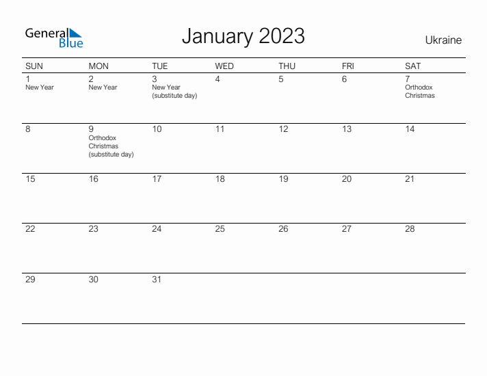 Printable January 2023 Calendar for Ukraine