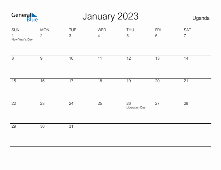 Printable January 2023 Calendar for Uganda