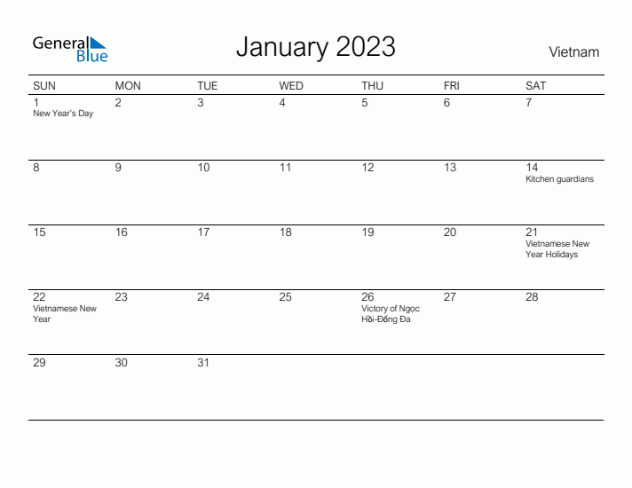 Printable January 2023 Calendar for Vietnam
