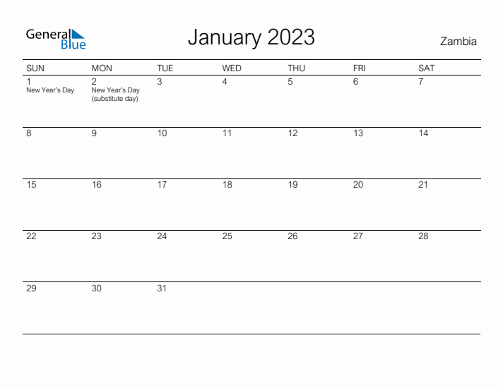 Printable January 2023 Calendar for Zambia