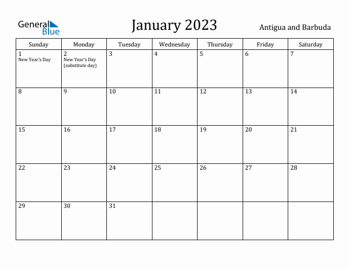 January 2023 Calendar Antigua and Barbuda