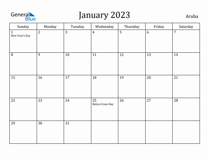 January 2023 Calendar Aruba