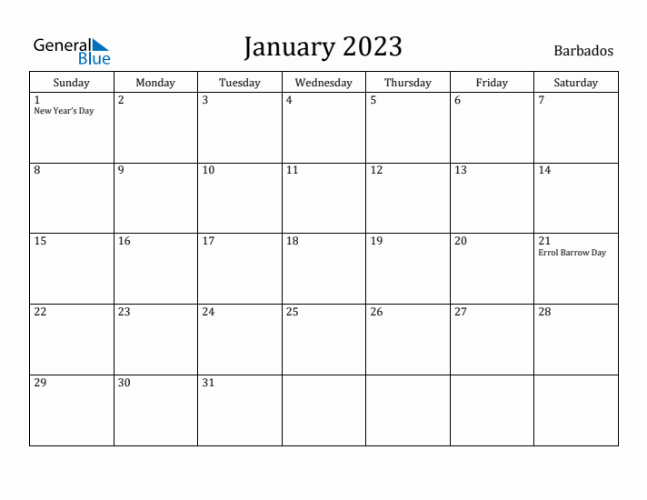 January 2023 Calendar Barbados