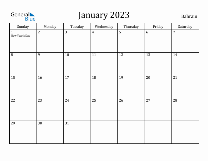 January 2023 Calendar Bahrain