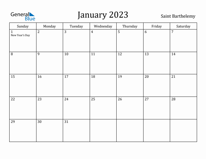 January 2023 Calendar Saint Barthelemy