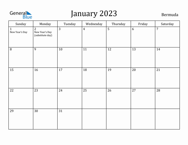 January 2023 Calendar Bermuda