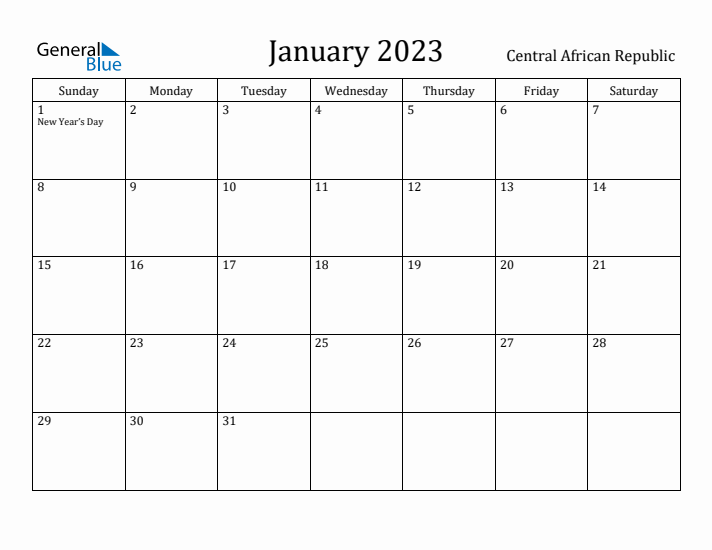 January 2023 Calendar Central African Republic