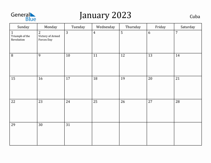 January 2023 Calendar Cuba