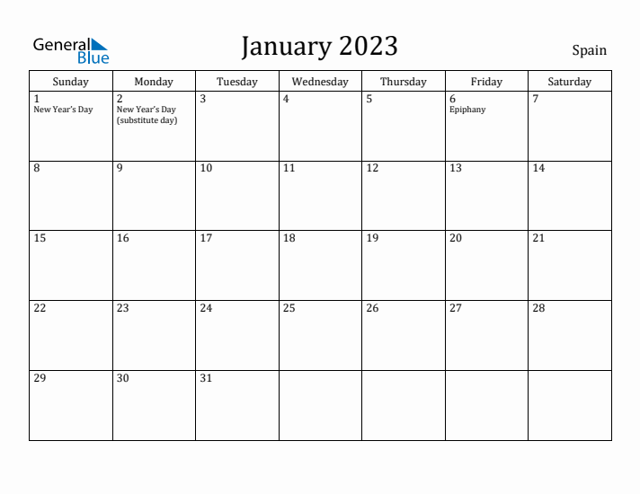 January 2023 Monthly Calendar with Spain Holidays