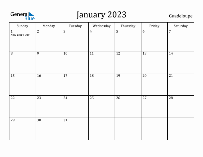 January 2023 Calendar Guadeloupe