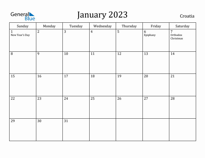 January 2023 Calendar Croatia