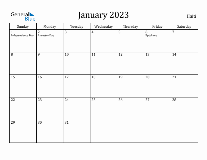 January 2023 Calendar Haiti