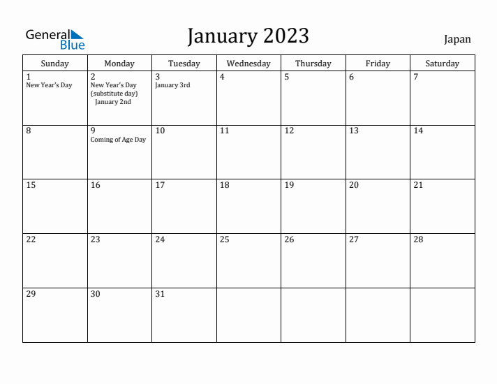 January 2023 Calendar Japan