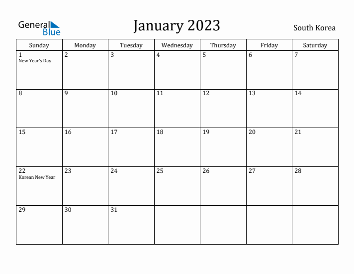 January 2023 Calendar South Korea