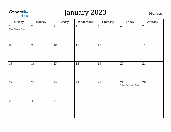 January 2023 Calendar Monaco