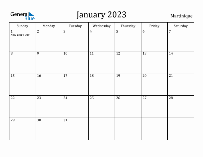January 2023 Calendar Martinique