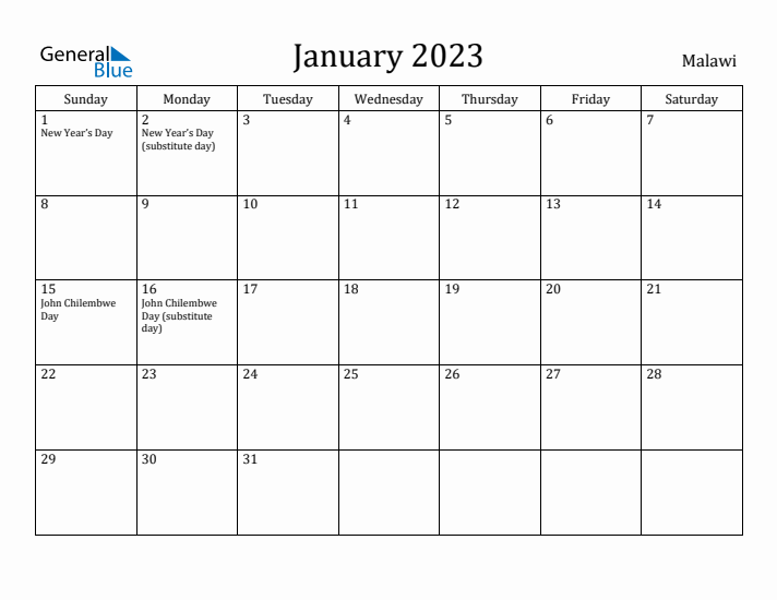 January 2023 Calendar Malawi